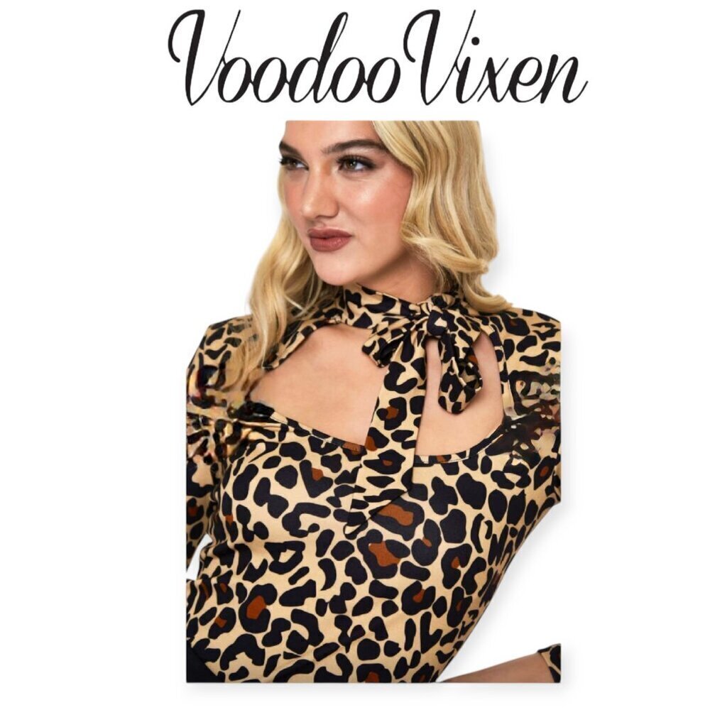 Voodoo Vixen Leopard Print Tie Neck Top NWT Medium Retro Vintage Rockabilly Chic